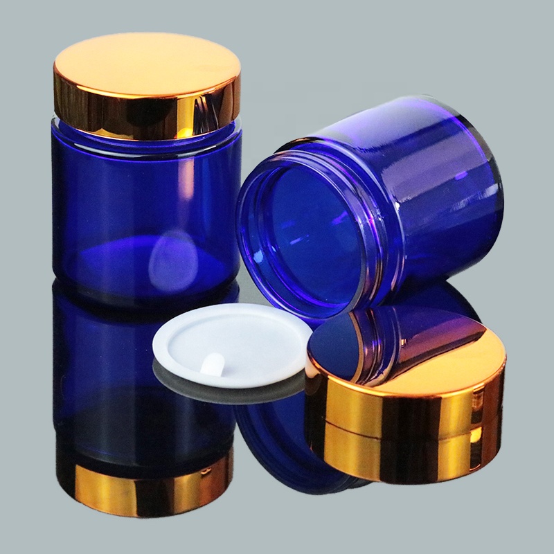Wholesale 120ml 120g Blue Wide Mouth Straight Sided Cosmetic Gold Lid Glass Jar for cosmetic packaging (GJM48)