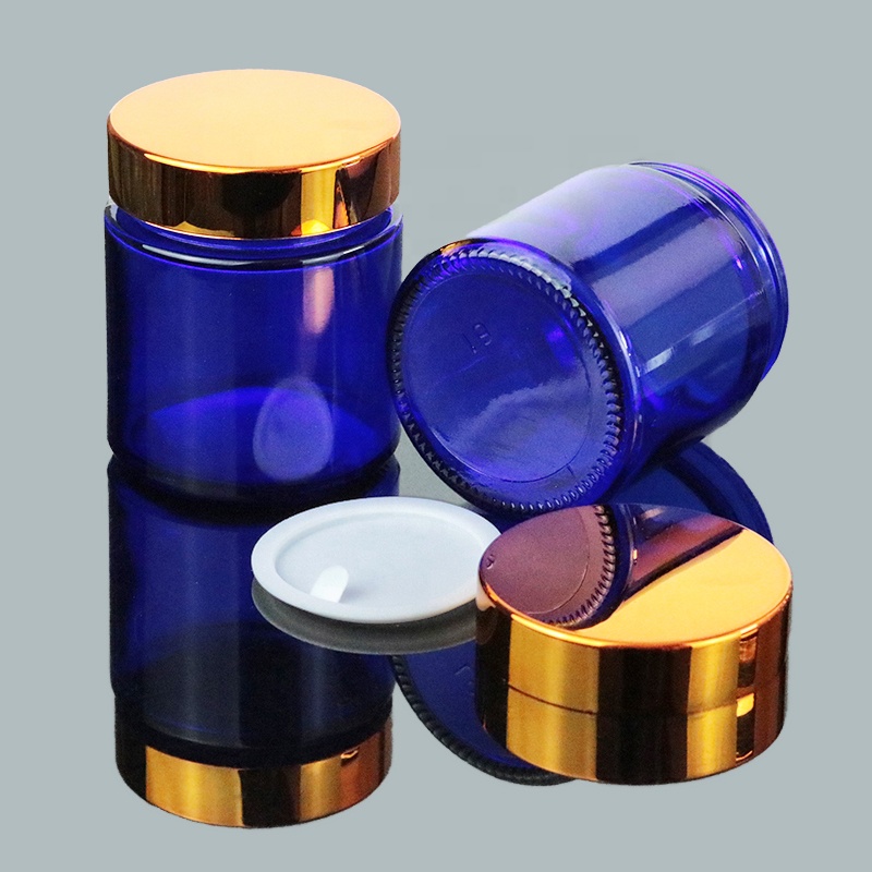 Wholesale 120ml 120g Blue Wide Mouth Straight Sided Cosmetic Gold Lid Glass Jar for cosmetic packaging (GJM48)