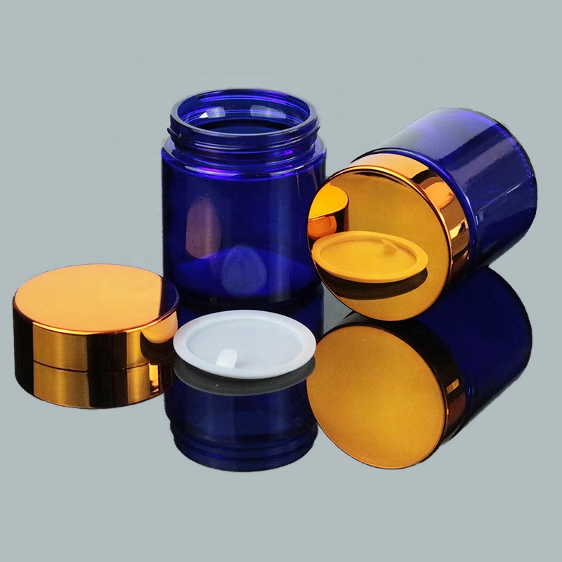 Wholesale 120ml 120g Blue Wide Mouth Straight Sided Cosmetic Gold Lid Glass Jar for cosmetic packaging (GJM48)