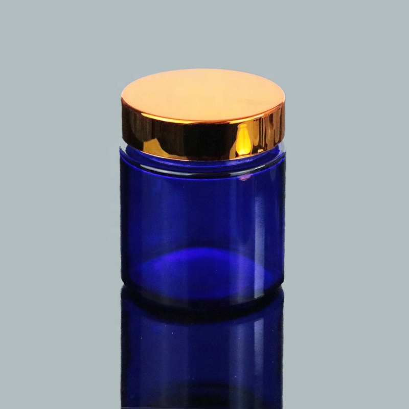 Wholesale 120ml 120g Blue Wide Mouth Straight Sided Cosmetic Gold Lid Glass Jar for cosmetic packaging (GJM48)
