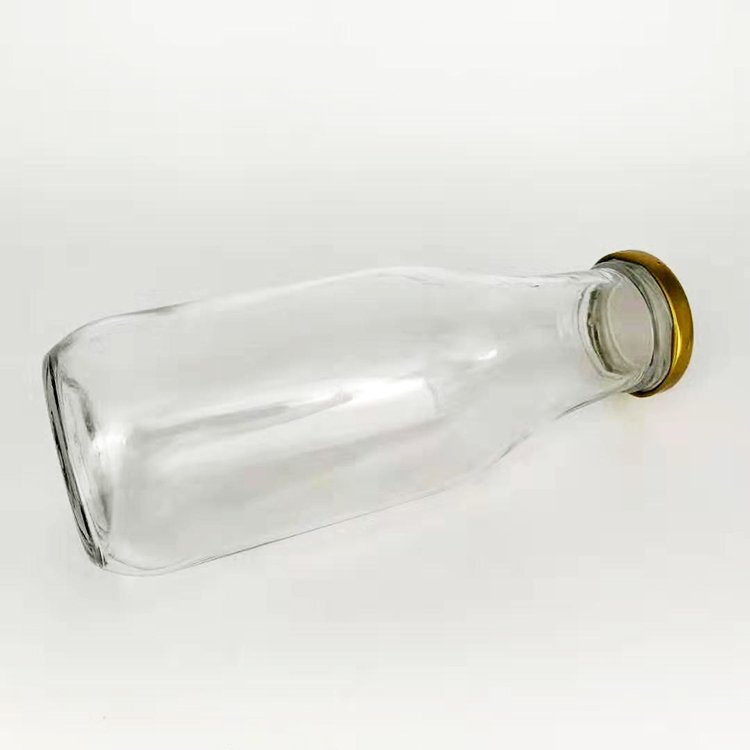 Wholesale 14oz 440ml clear French square empty glass juicer flask bottle for beverage with gold metal screw lids