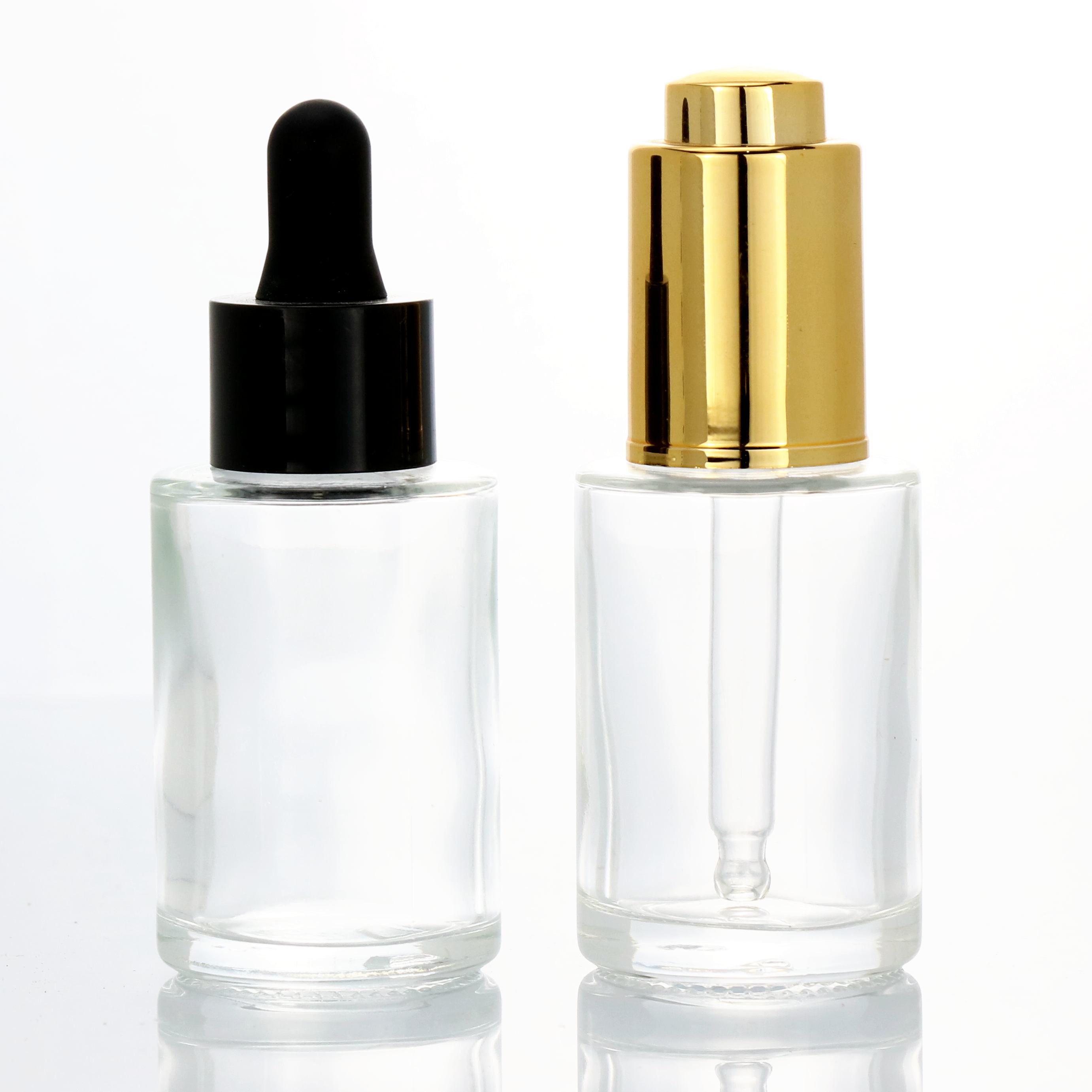 Wholesale 15 ml 20 ml 30 ml skincare packaging round push button pump dropper glass bottle with bamboo push dropper