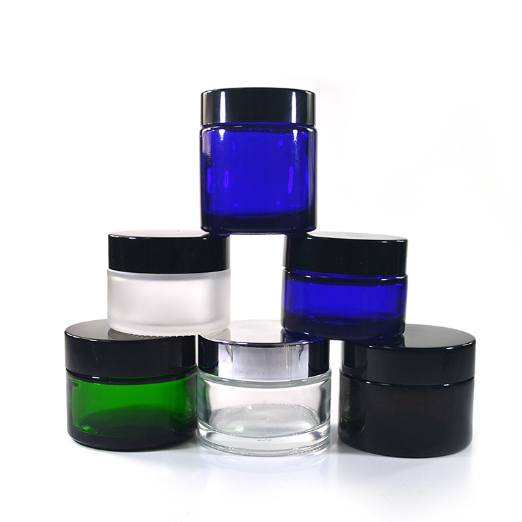 Wholesale 15g 20g 30g 50g cosmetic cream containers clear amber blue black glass jar with black aluminum screw lid