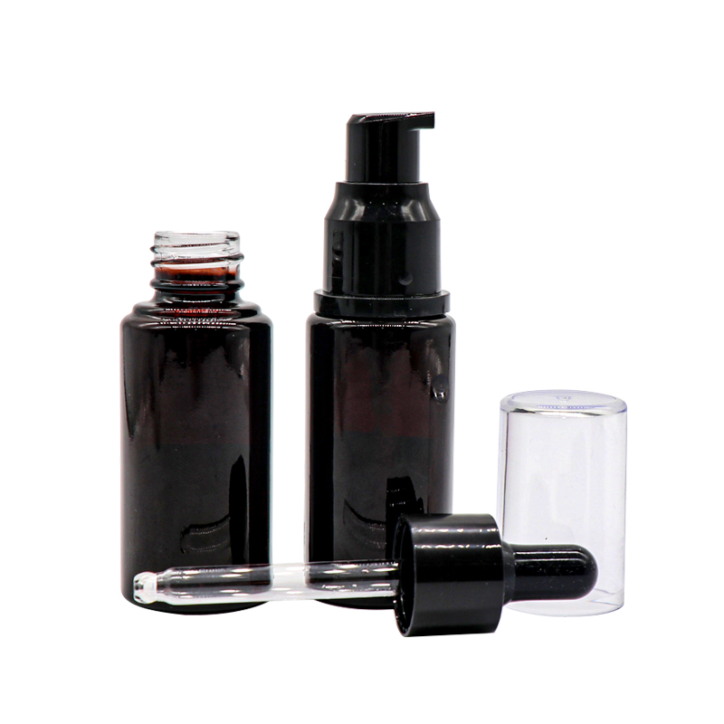 Wholesale 15ml 20ml 30ml Cosmetic Skin Care Serum Black Frost Amber Glass Pump Bottle