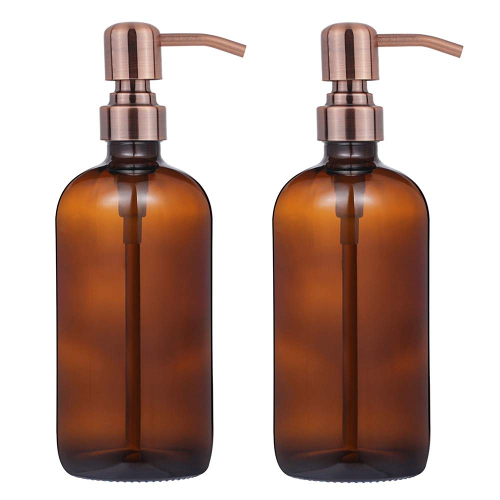 Wholesale 16 Oz Amber Glass Boston Round Bottle with Stainless Steel Pump