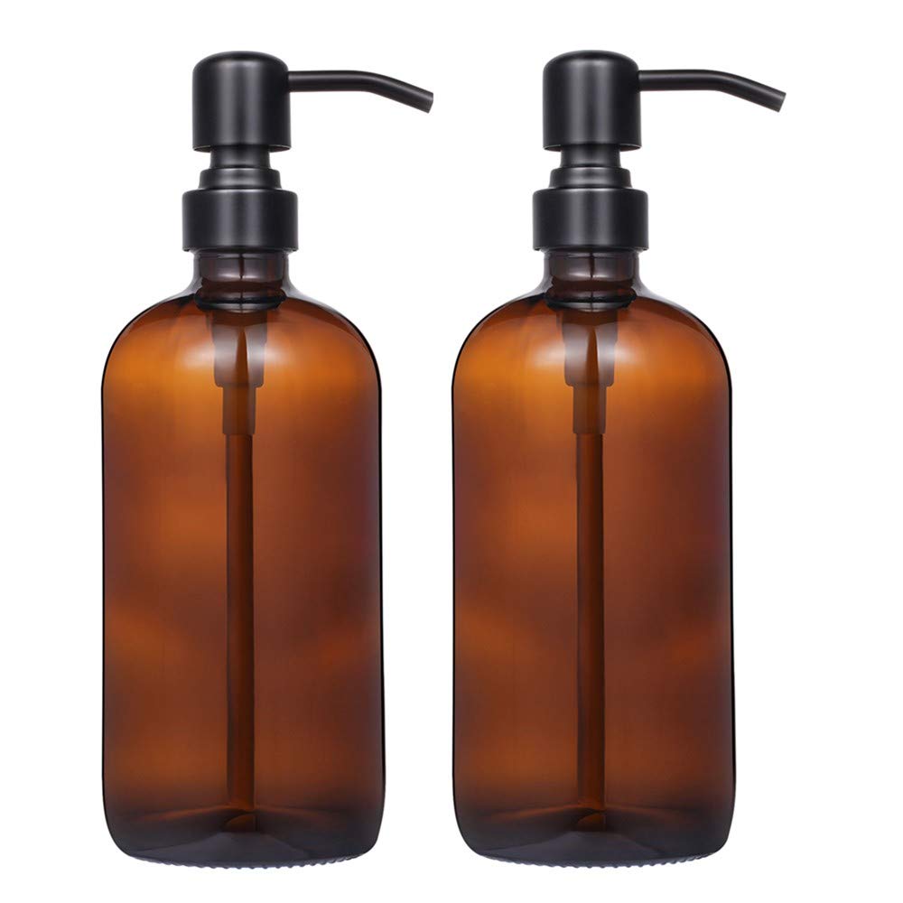 Wholesale 16 Oz Amber Glass Boston Round Bottle with Stainless Steel Pump