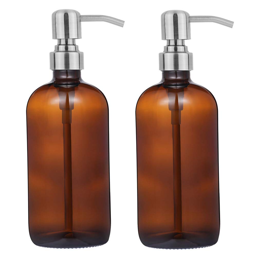 Wholesale 16 Oz Amber Glass Boston Round Bottle with Stainless Steel Pump