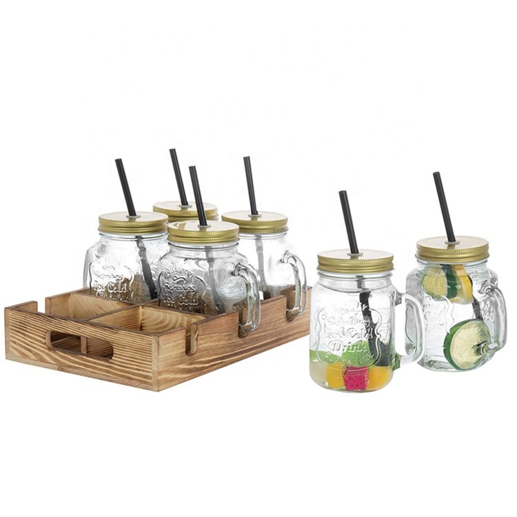 Wholesale 16 oz Glass Mason Jar in Bulk with Gold Metal Lid and Wood Tray