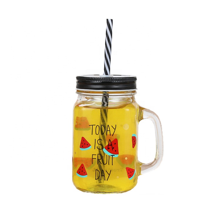 Wholesale 16oz glass decal mason jar with straw pump lid drinking jar with handle