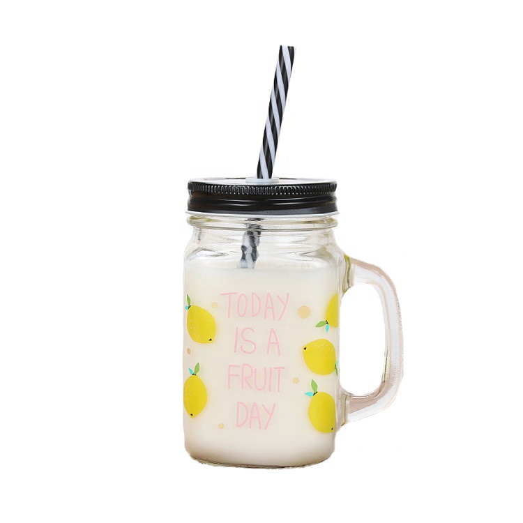 Wholesale 16oz glass decal mason jar with straw pump lid drinking jar with handle