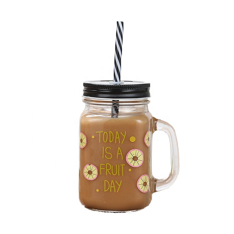 Wholesale 16oz glass decal mason jar with straw pump lid drinking jar with handle