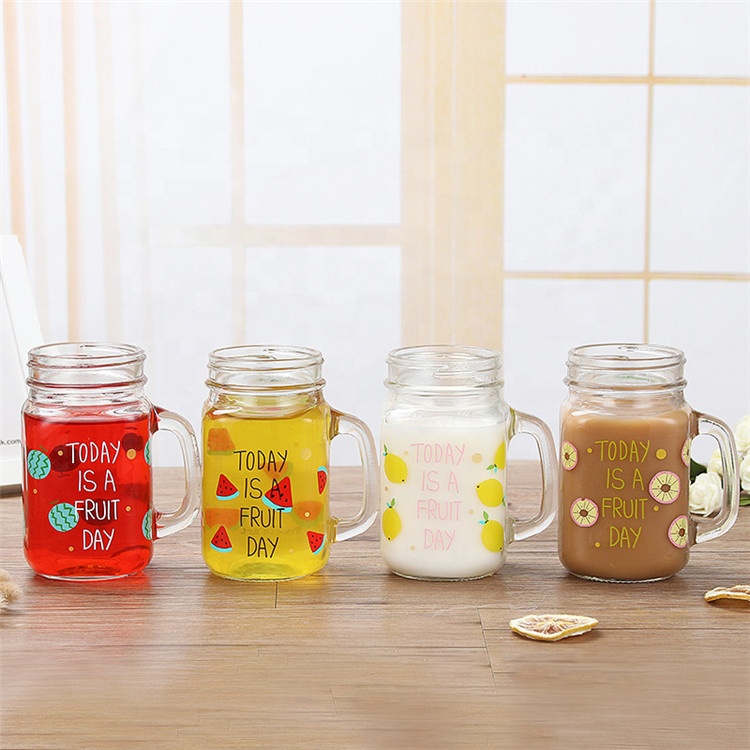 Wholesale 16oz glass decal mason jar with straw pump lid drinking jar with handle