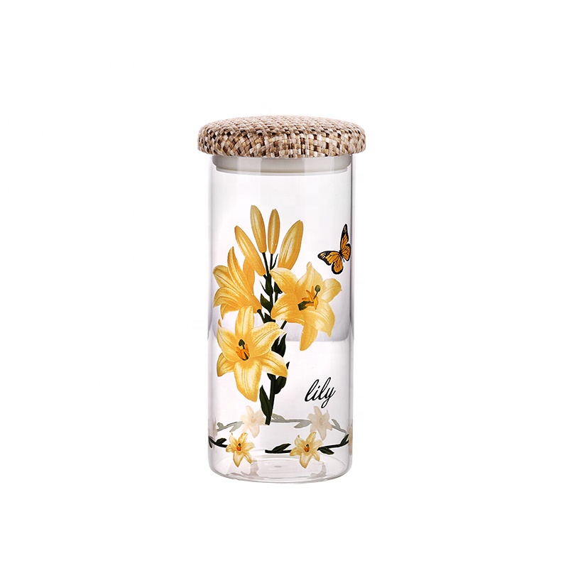 Wholesale 1L 1.3L 1.5L Screen Printing Borosilicate Glass Storage Jar Bottle with Airtight Lid for Dried Beans Nuts Tea Leaves