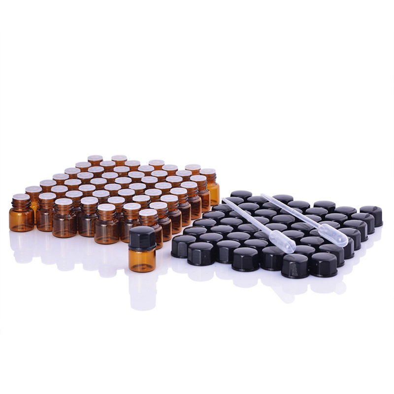 Wholesale 1ml mini small essential oil sample amber glass vials bottle with Inner plug and screw cap