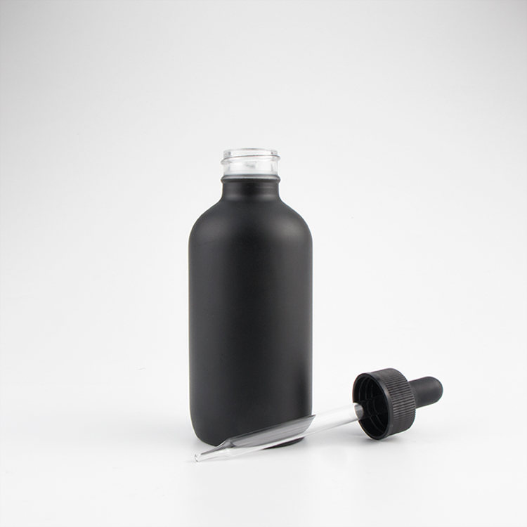 Wholesale 1oz 2oz Frosted Black UV Boston Round Glass Perfume and Essential Oil Dropper Bottle for Cosmetic Packaging