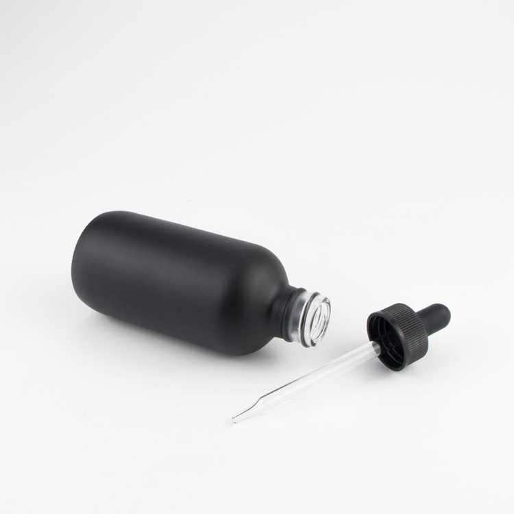 Wholesale 1oz 2oz Frosted Black UV Boston Round Glass Perfume and Essential Oil Dropper Bottle for Cosmetic Packaging