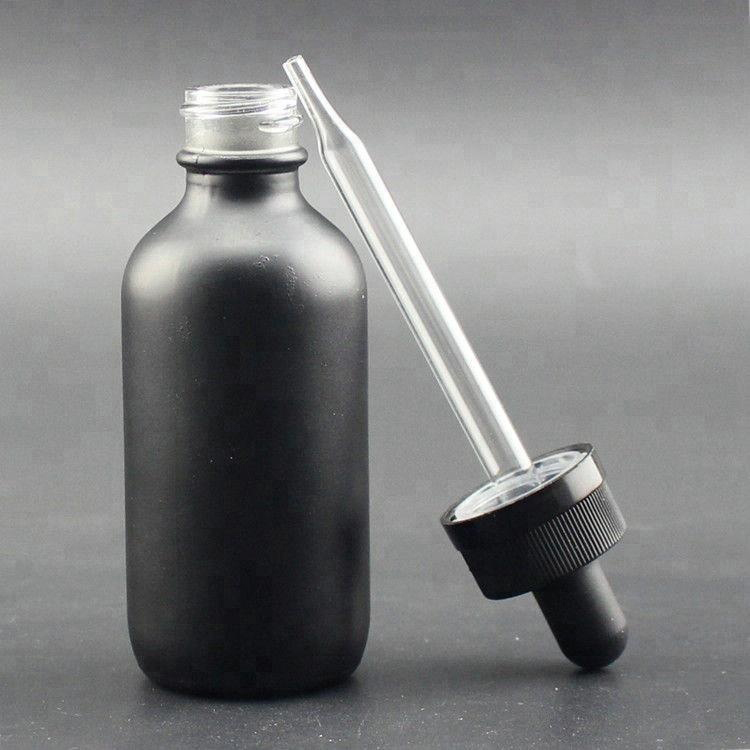 Wholesale 1oz 2oz Frosted Black UV Boston Round Glass Perfume and Essential Oil Dropper Bottle for Cosmetic Packaging