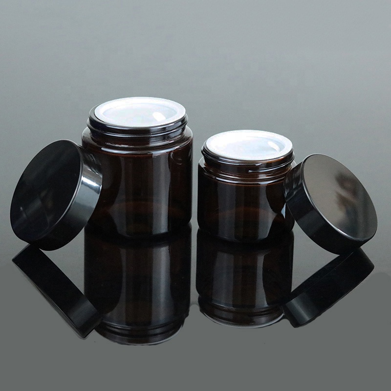 Wholesale 2 oz 4 oz 60ml 120ml amber dark round glass candle jar black lid (GJM36)