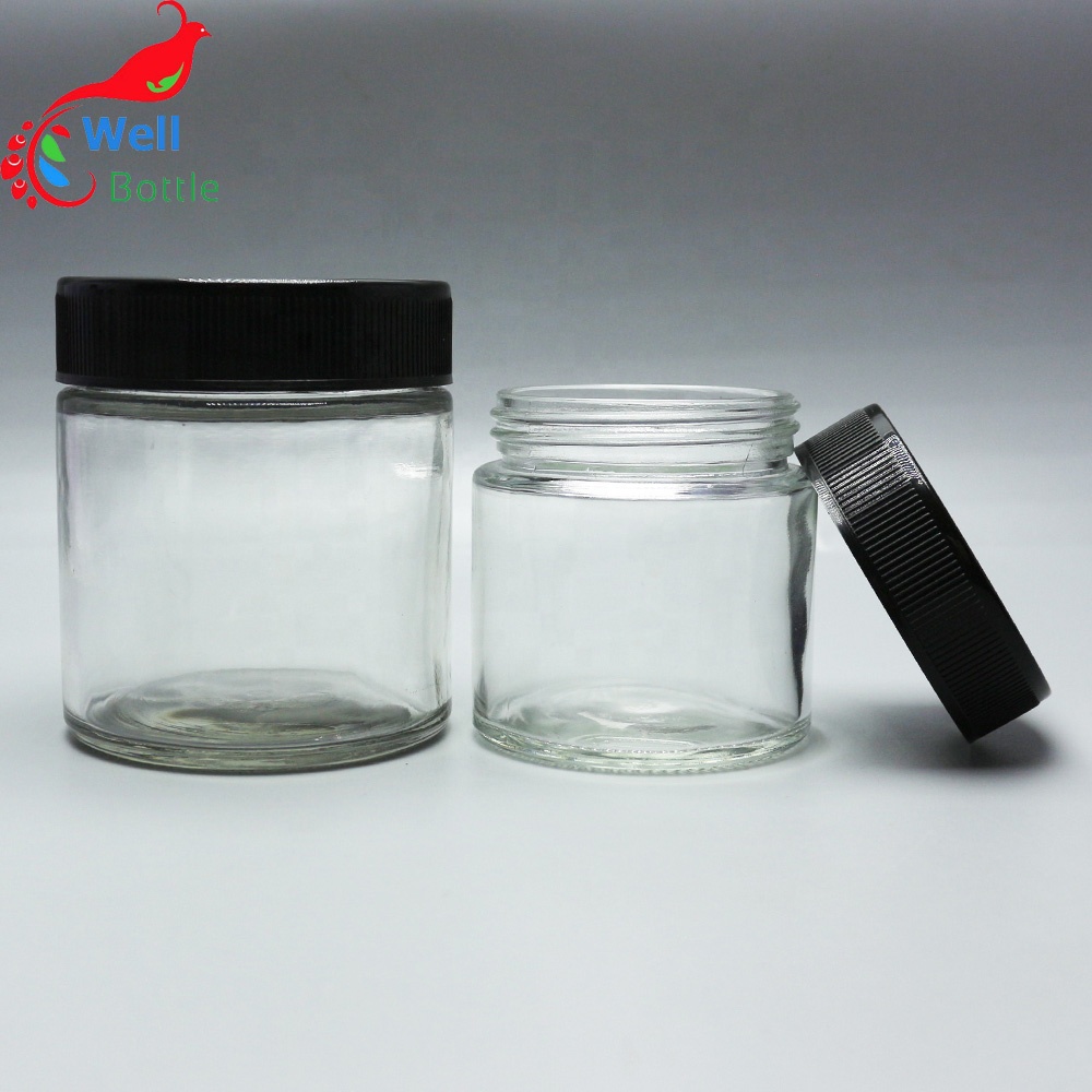 Wholesale 2 oz 4 oz 60ml 120ml straight sided black child resistant proof cosmetics glass packaging jars with black lid CGJ-34S