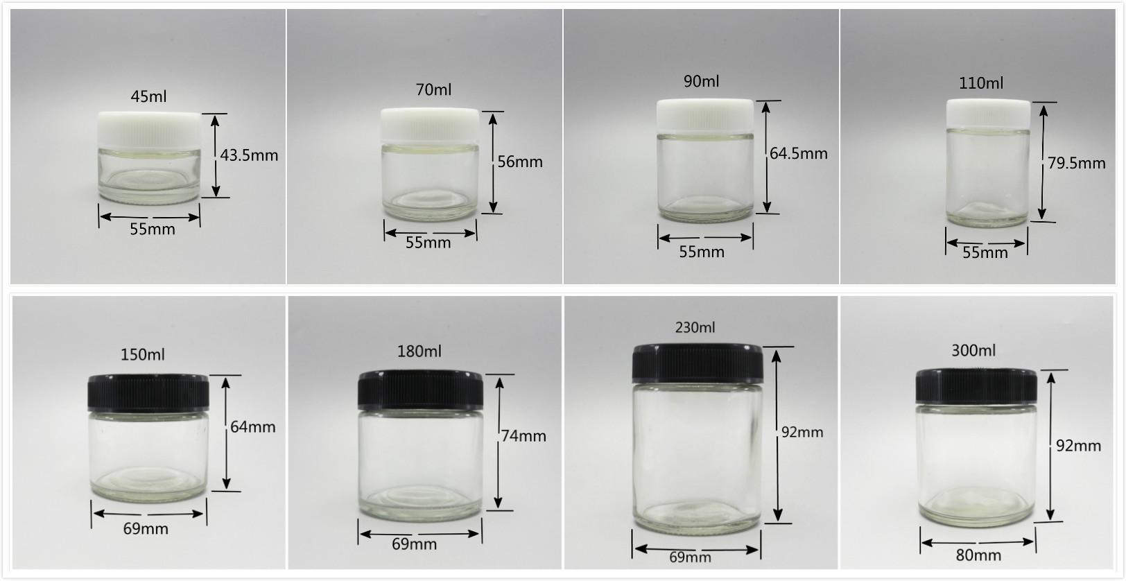 Wholesale 2 oz 4 oz 60ml 120ml straight sided black child resistant proof cosmetics glass packaging jars with black lid CGJ-34S