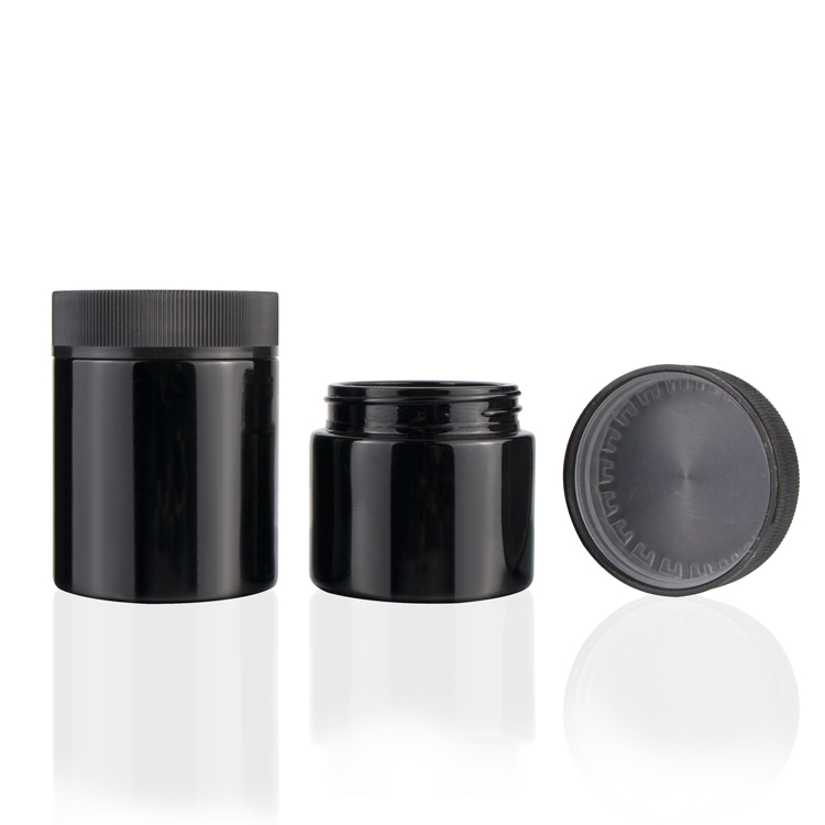 Wholesale 2 oz 4 oz 60ml 120ml straight sided black child resistant proof cosmetics glass packaging jars with black lid