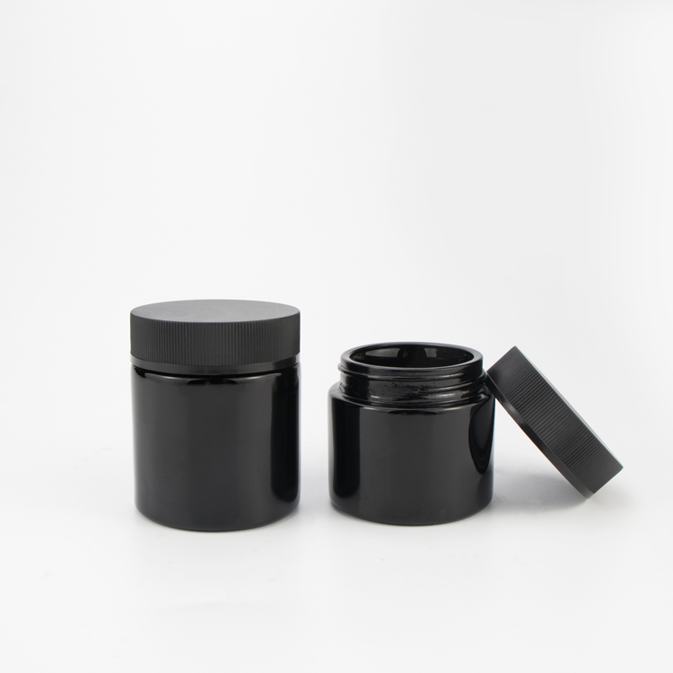 Wholesale 2 oz 4 oz 60ml 120ml straight sided black child resistant proof cosmetics glass packaging jars with black lid