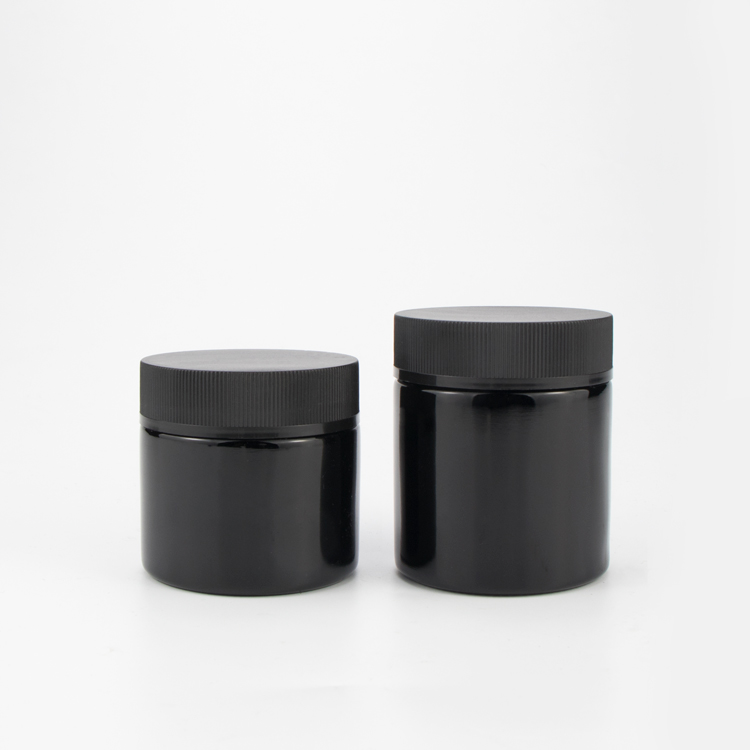 Wholesale 2 oz 4 oz 60ml 120ml straight sided black child resistant proof cosmetics glass packaging jars with black lid