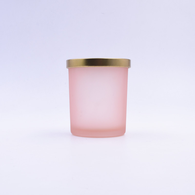 Wholesale 200 ML translucent matte pink empty round custom candle holder glass jar with sealed metal lid