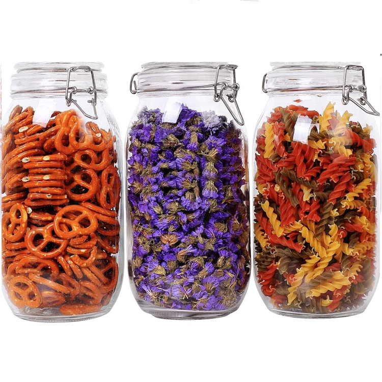 Wholesale 2000 ml clear round body air tight mental clip glass jar for storage