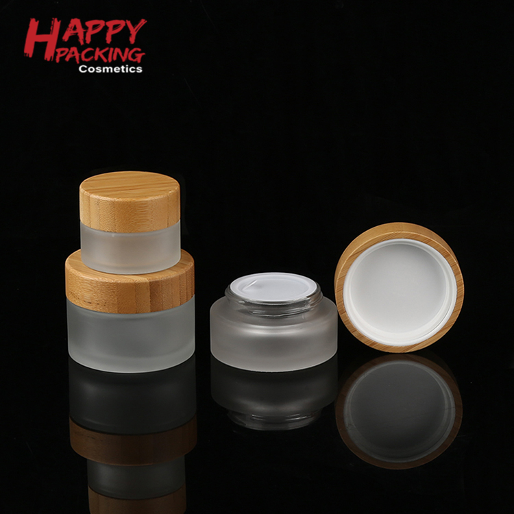 Wholesale 200g Round Glass Cream Jar Custom Printing Cosmetic Glass Jar Wood Cap Cosmetic Jar