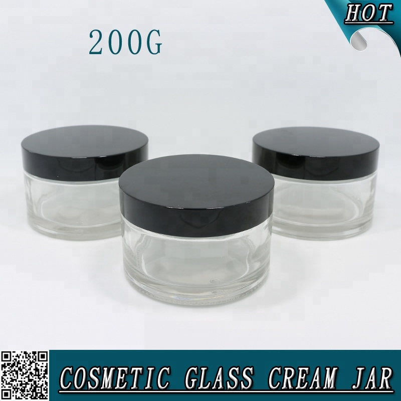 Wholesale 200ml 200 ml empty clear glass cosmetic jar with black lid for body face cream