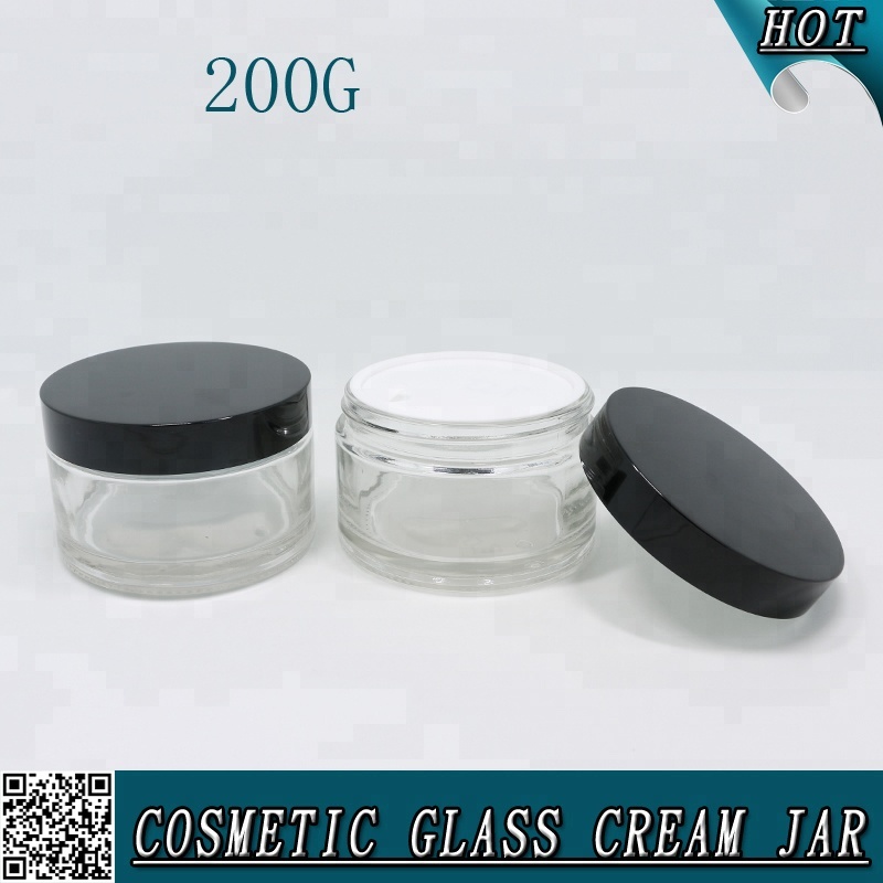 Wholesale 200ml 200 ml empty clear glass cosmetic jar with black lid for body face cream