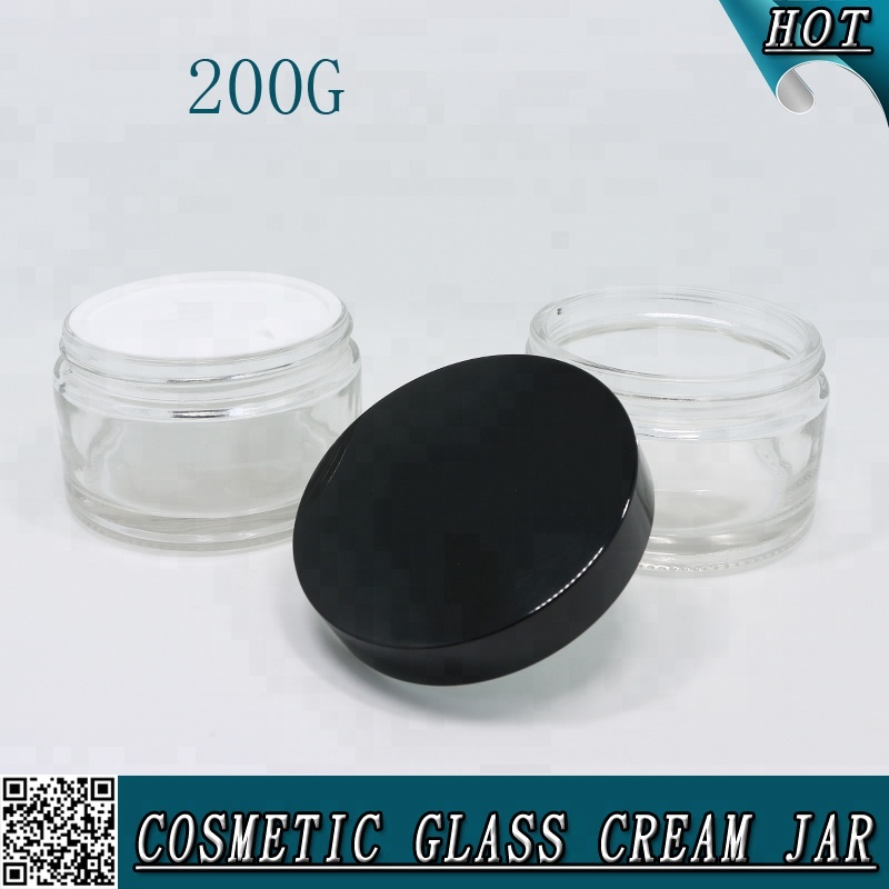 Wholesale 200ml 200 ml empty clear glass cosmetic jar with black lid for body face cream
