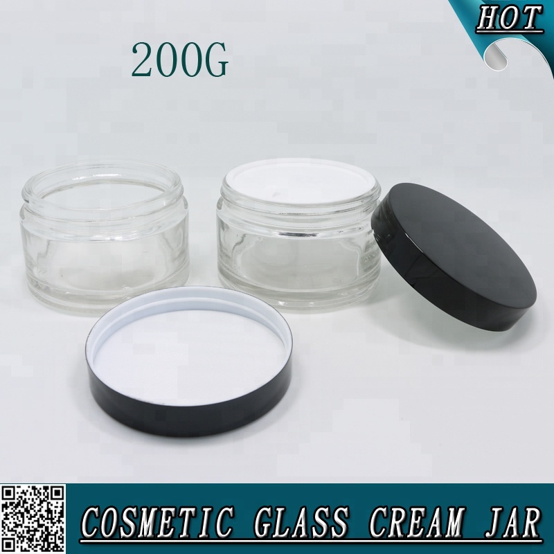 Wholesale 200ml 200 ml empty clear glass cosmetic jar with black lid for body face cream
