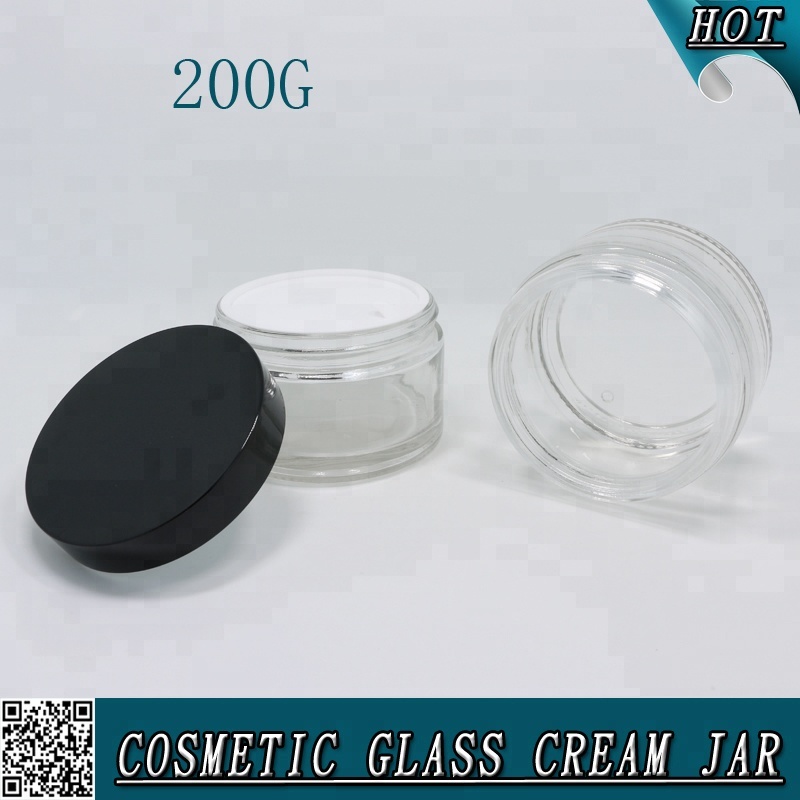 Wholesale 200ml 200 ml empty clear glass cosmetic jar with black lid for body face cream