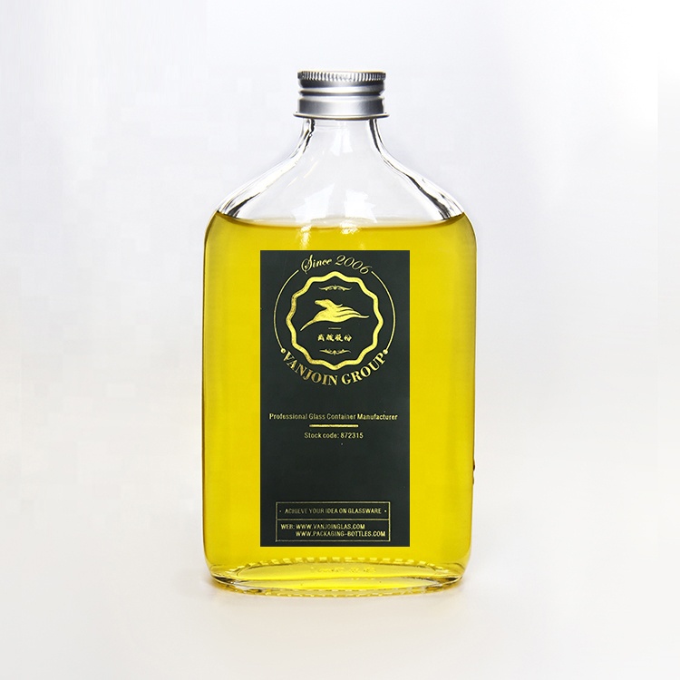 Wholesale 200ml 375 ml (12.7 oz) Clear Glass Flask Liquor Bottle Unique With Black Caps