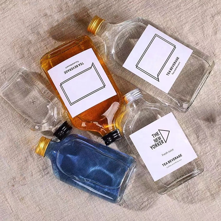 Wholesale 200ml flat square glass juice beverage cold coffee bottle flask wine bottle