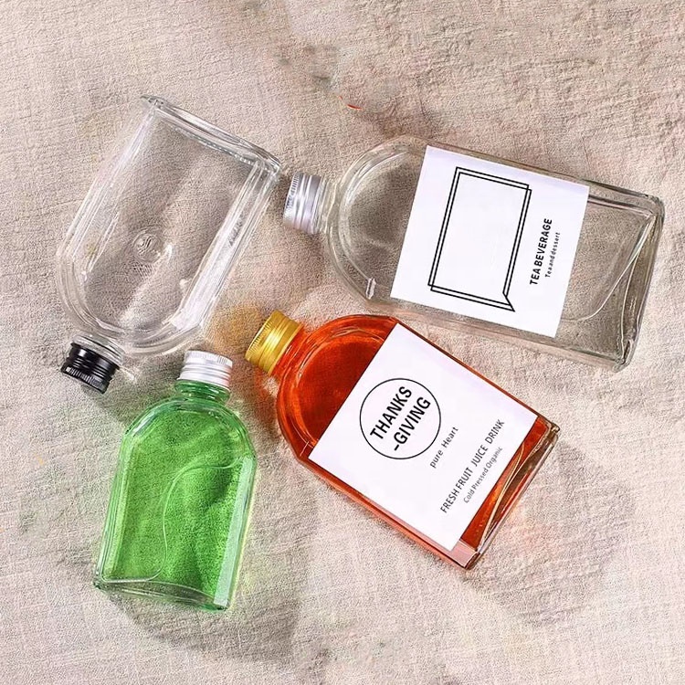 Wholesale 200ml flat square glass juice beverage cold coffee bottle flask wine bottle