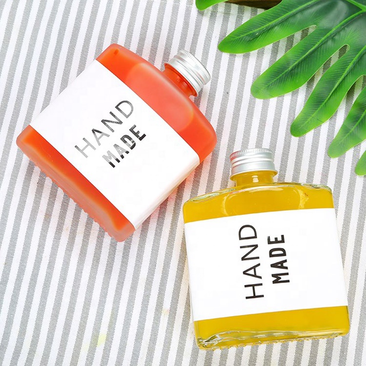 Wholesale 200ml flat square glass juice beverage cold coffee bottle flask wine bottle