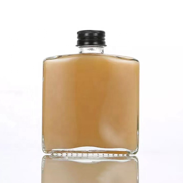 Wholesale 200ml flat square glass juice beverage cold coffee bottle flask wine bottle