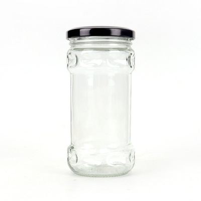Wholesale 200ml glass jar for pickles food industry empty clear storage jars glass for beef paste ketchup with black metal lids