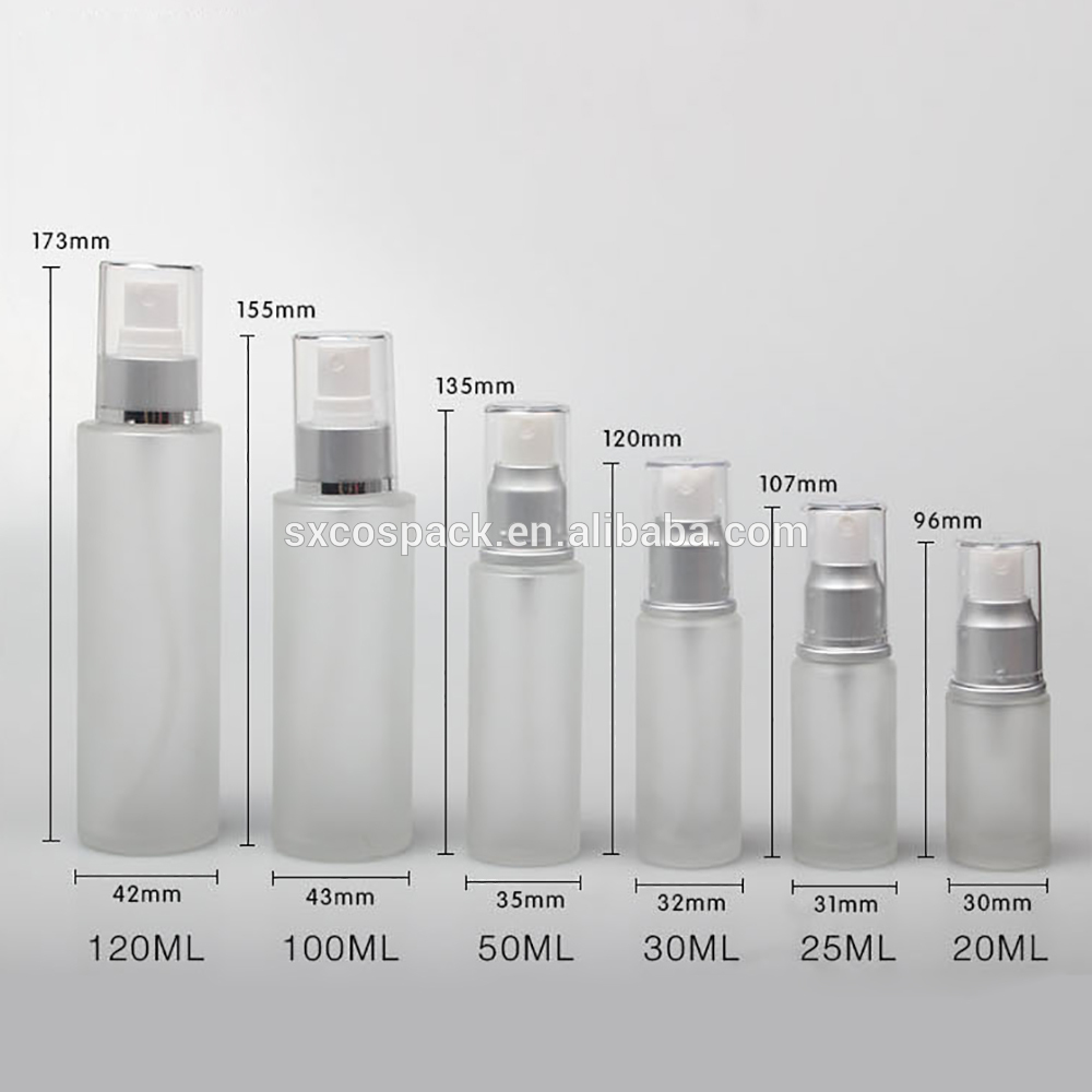 Wholesale 20ml 25ml 30ml 50ml 100ml 120ml lotion pump bottle, fine mist spray glass bottle frosted