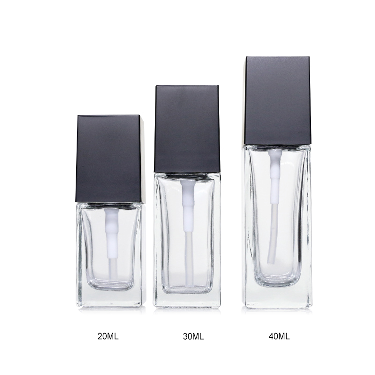 Wholesale 20ml 30ml 40ml makeup packaging empty clear square cosmetic liquid foundation bb cream glass bottle with pump