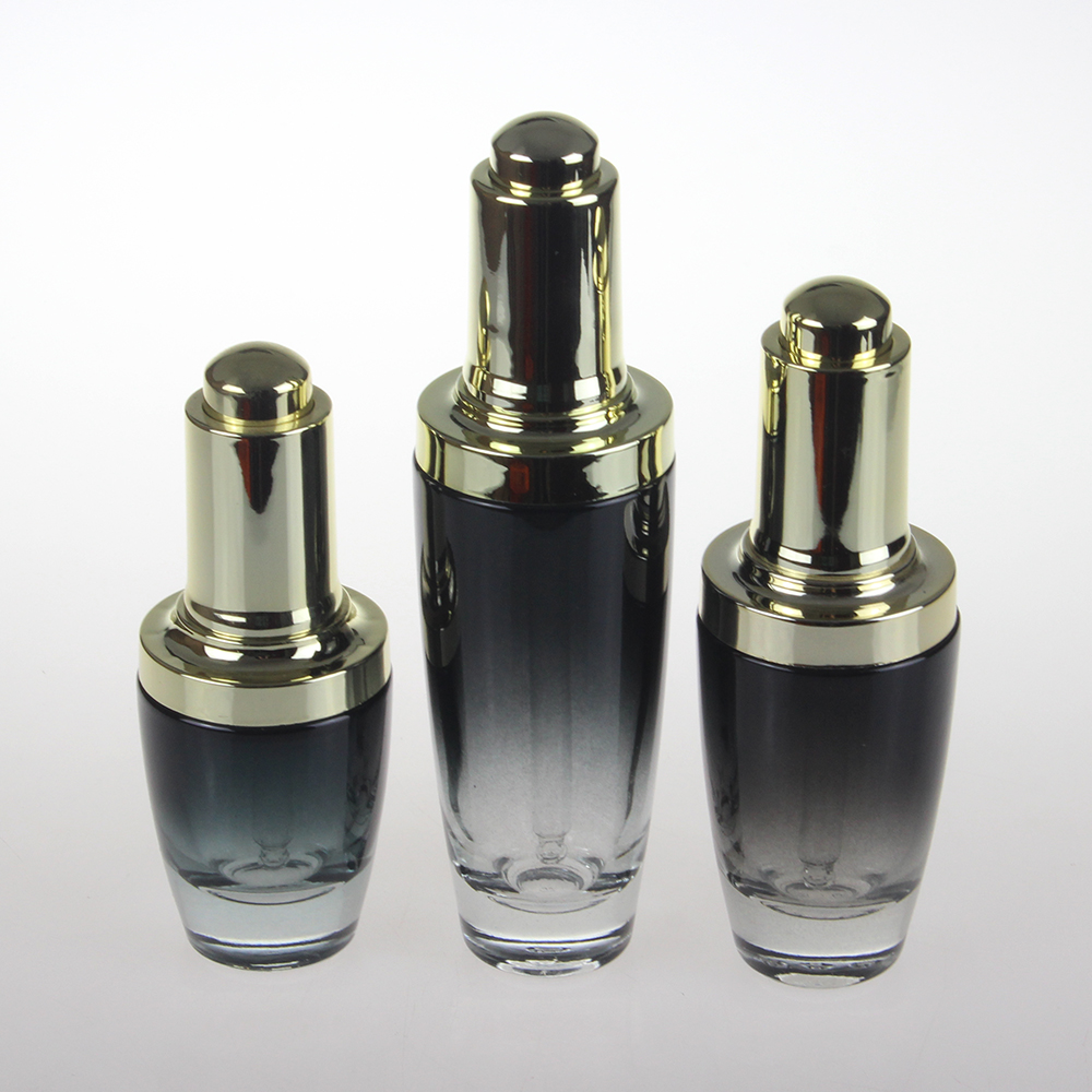 Wholesale 20ml 30ml 50ml black clear red cosmetic glass dropper bottle with silver gold push button pump