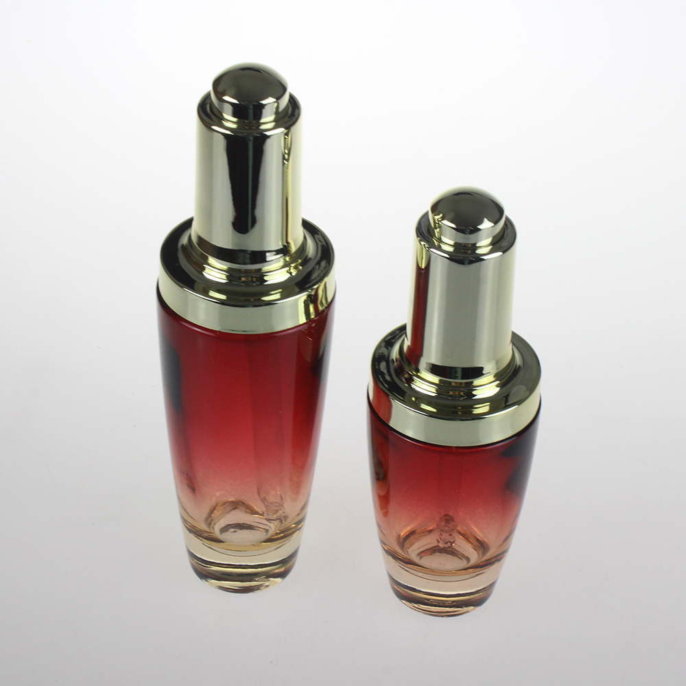 Wholesale 20ml 30ml 50ml black clear red cosmetic glass dropper bottle with silver gold push button pump