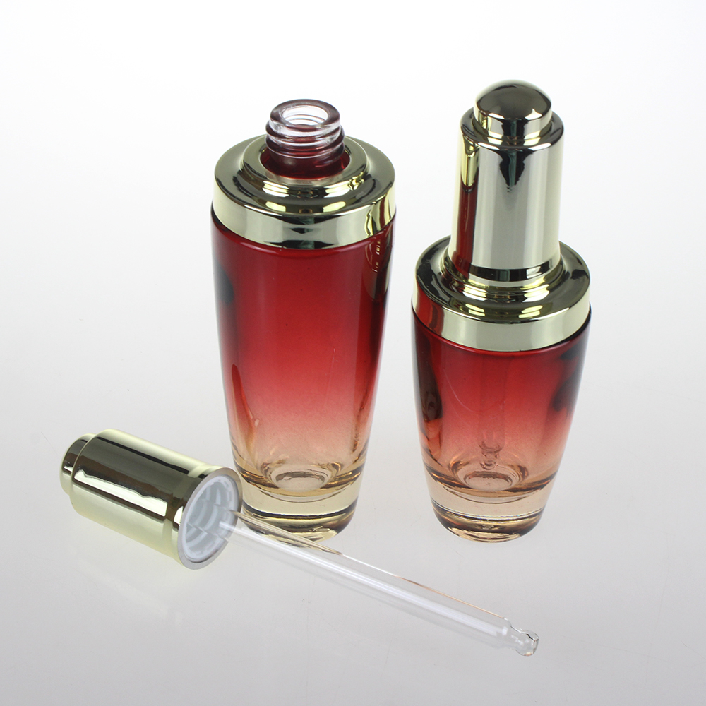 Wholesale 20ml 30ml 50ml black clear red cosmetic glass dropper bottle with silver gold push button pump