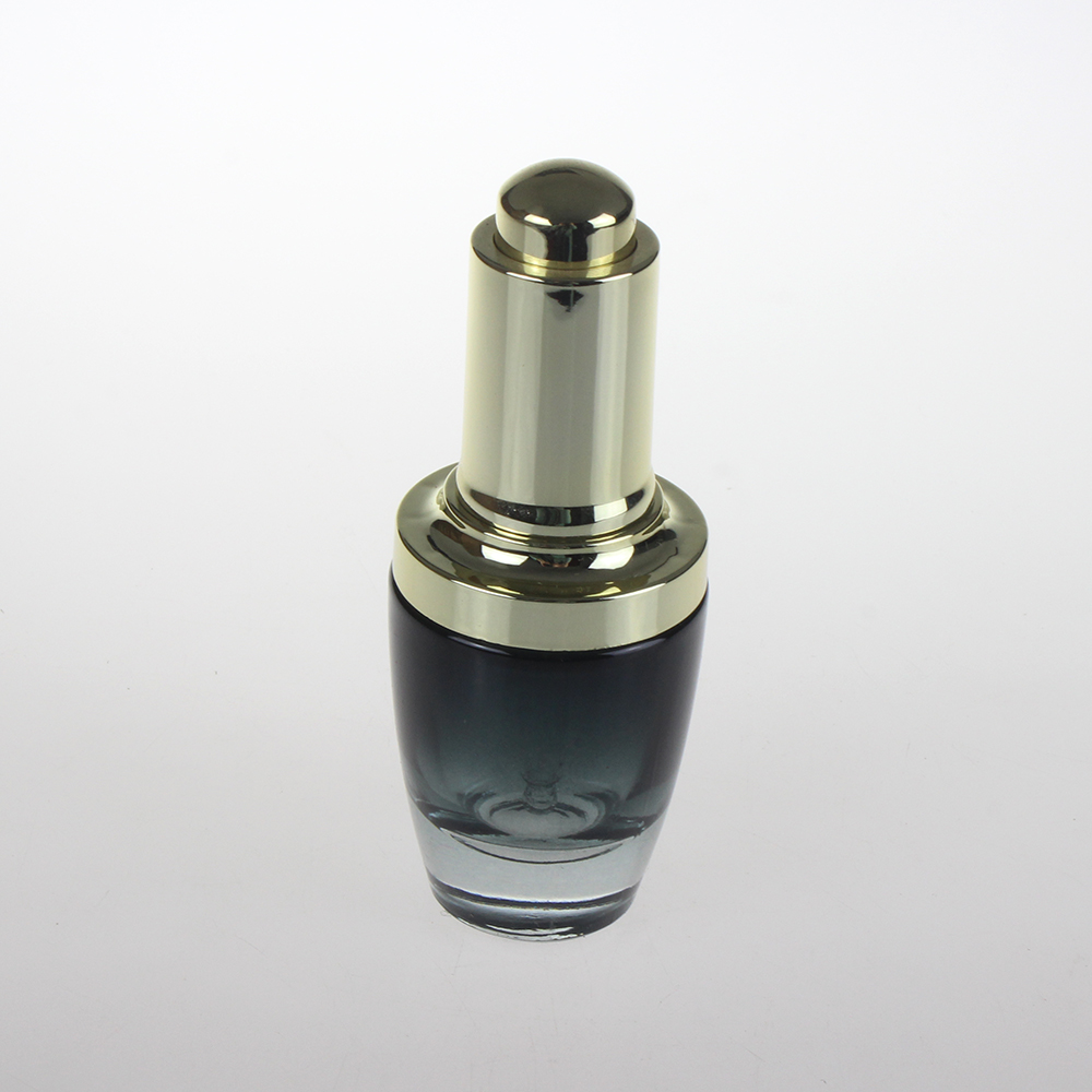 Wholesale 20ml 30ml 50ml black clear red cosmetic glass dropper bottle with silver gold push button pump