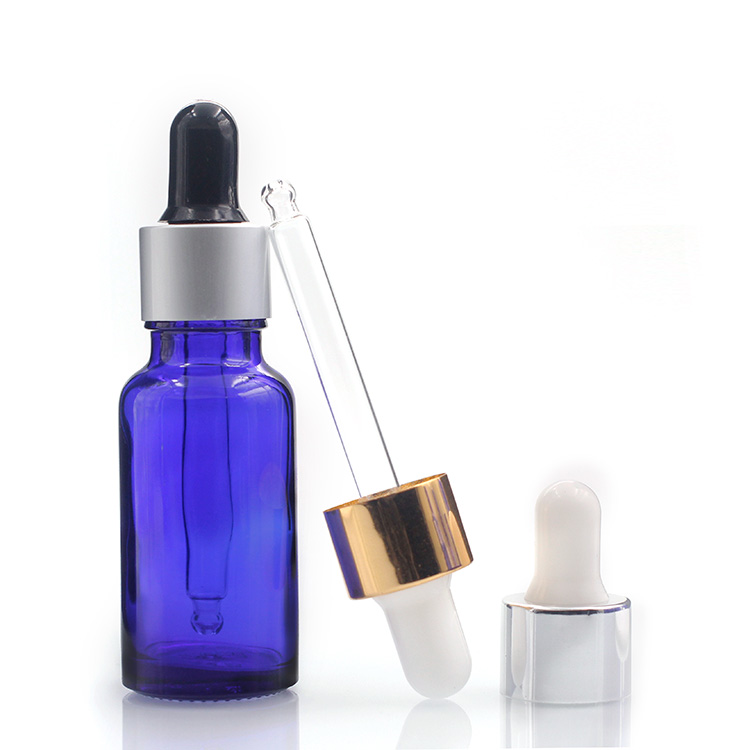 Wholesale 20ml Cosmetic Blue Dropper Bottle With Anodized Aluminum Dropper Cover