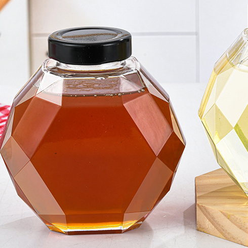 Wholesale 220ml 380ml 250g 500g bamboo cover empty hexagon natural royal honey jar container glass honey jar with dipper
