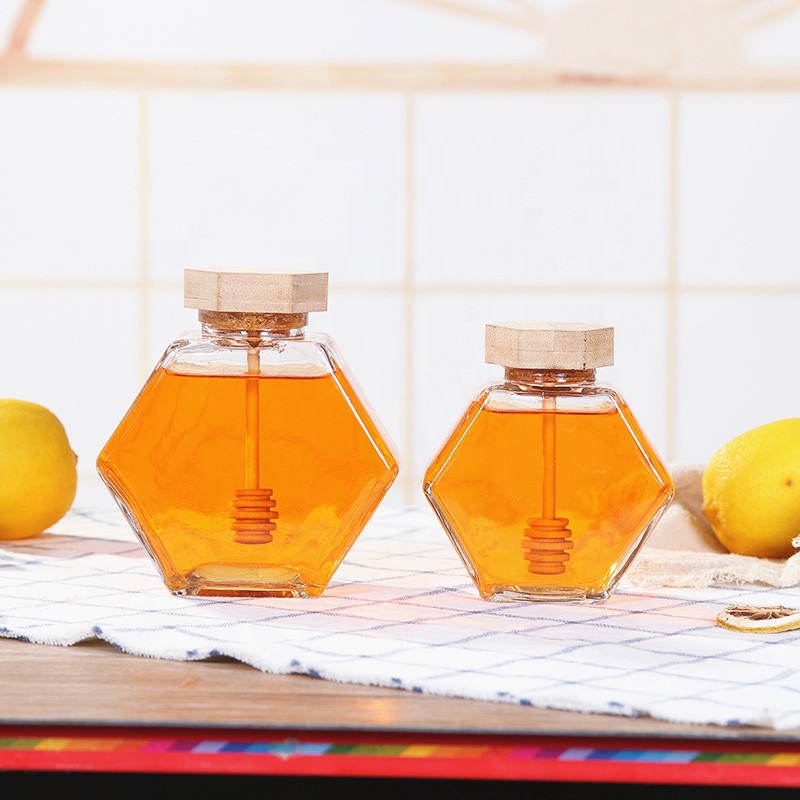Wholesale 220ml 380ml 250g 500g bamboo cover empty hexagon natural royal honey jar container glass honey jar with dipper